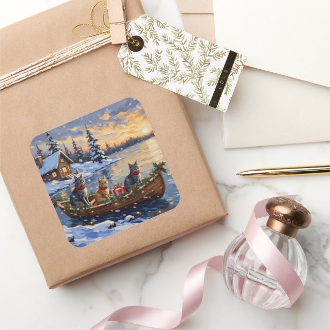 Pegatina Cuadrada Russian Blue Cat Christmas Boat Holiday (Regalar)