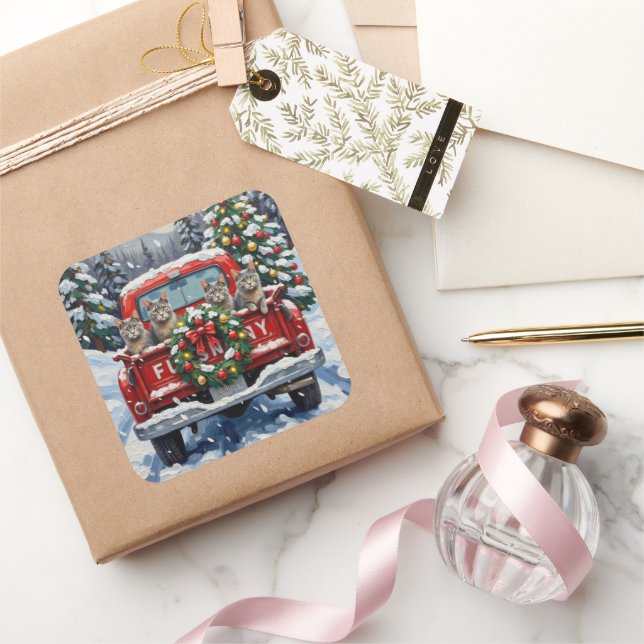 Pegatina Cuadrada Russian Blue Cat Christmas Red Truck Holiday (Regalar)