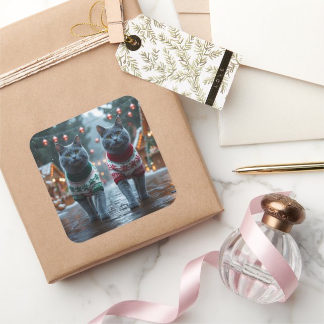 Pegatina Cuadrada Russian Blue Cats Christmas Snow Holiday  (Regalar)
