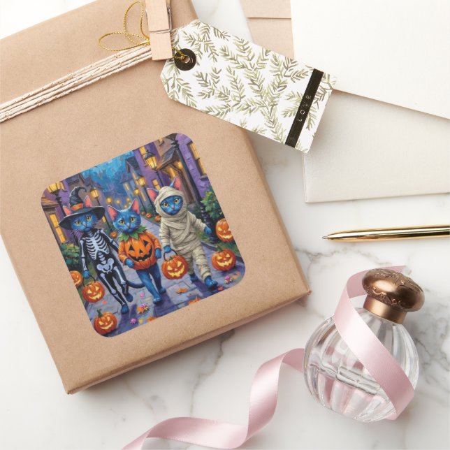 Pegatina Cuadrada Russian Blue Cats in Halloween Costumes (Regalar)