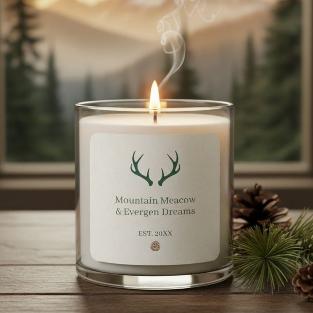 Pegatina Cuadrada Rustic Antler Pine Cone Personalized Candle Label (Subido por el creador)