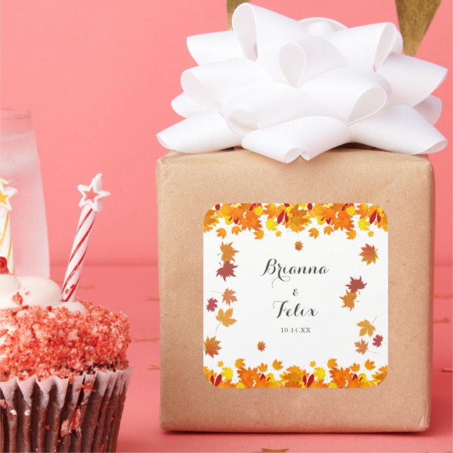 Pegatina Cuadrada Rustic Autumn Leaves Wedding (Fiesta)