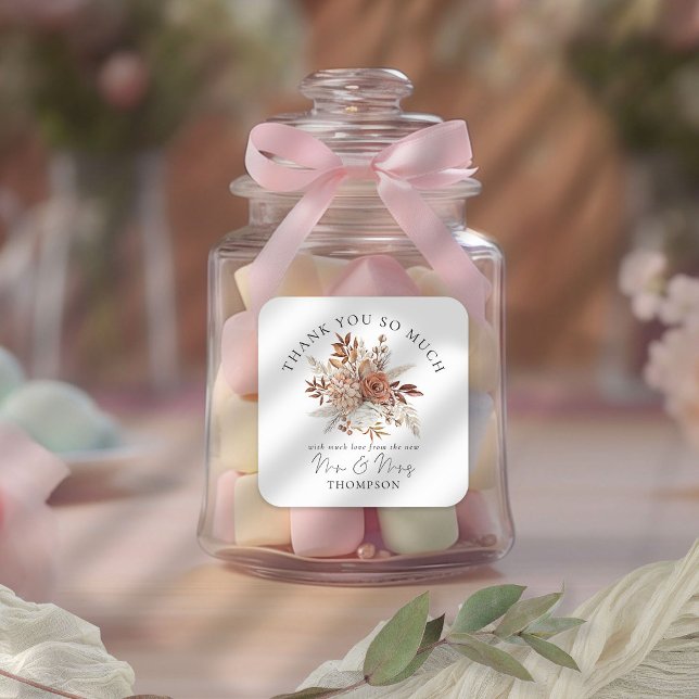Pegatina Cuadrada Rustic Autumnal Florals New Mr. Mrs. Gracias (Rust Florals Thank you sticker for your favors! Part of the Terracotta Autumn Florals Collection)