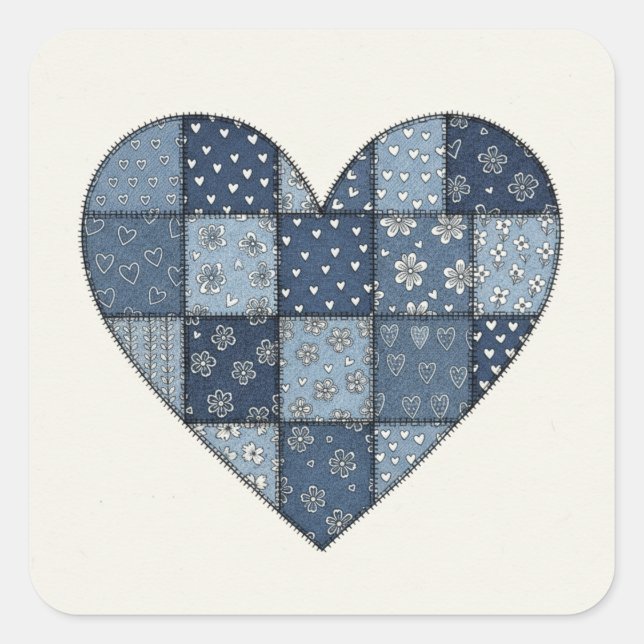 Pegatina Cuadrada Rustic Blue Denim Patchwork Heart Illustration (Anverso)