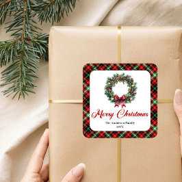Pegatina Cuadrada Rustic Christmas Wreath Red Green Plaid Stickers