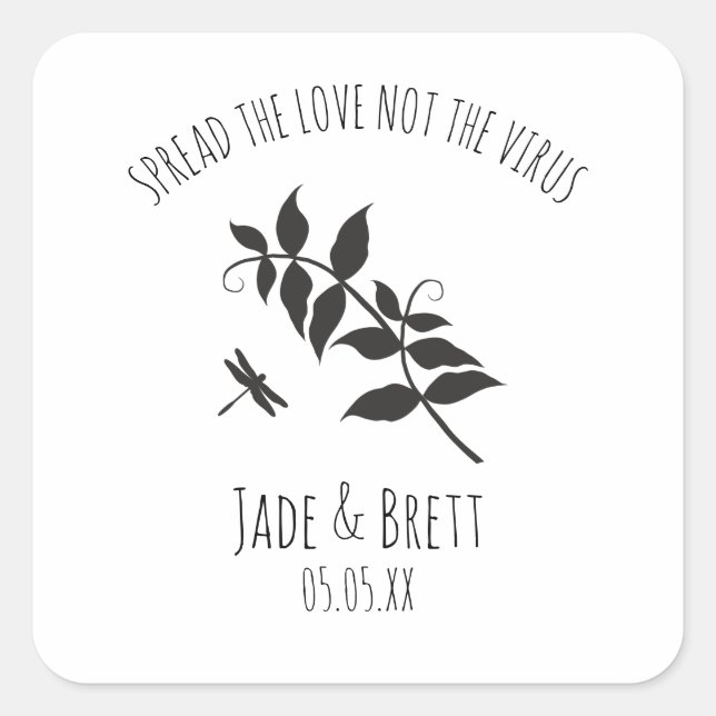 Pegatina Cuadrada Rustic Dragonfly Pandemic Wedding Sanitizer Gel (Anverso)