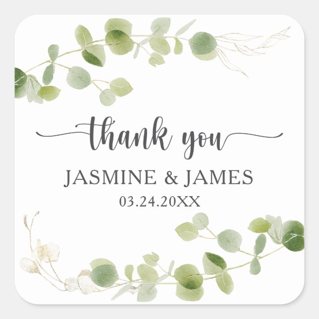 Pegatina Cuadrada Rustic Eucalyptus Greenery Wedding Thank You (Anverso)