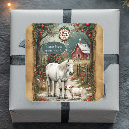 Pegatina Cuadrada Rustic Farm Horse Lamb Red Barn Merry Christmas 
