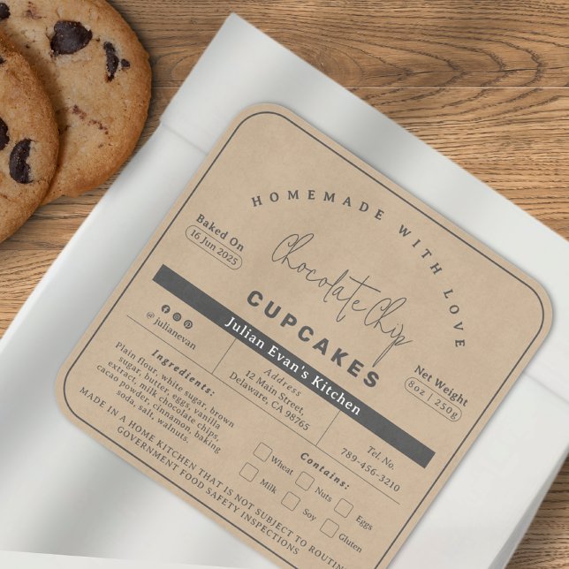 Pegatina Cuadrada Rustic Faux Kraft - Ley casera de la casa de comid (Rustic Faux Kraft Paper Homemade Food Cottage Law Square Sticker)