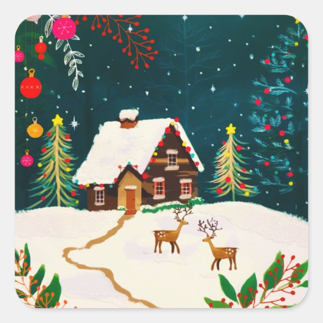 Pegatina Cuadrada Rustic Forest Foliage Autumn Winter Berries  (Anverso)