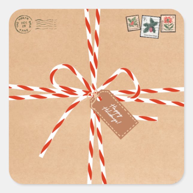 Pegatina Cuadrada Rustic Gift Stickers - Candy Canes & Stamp-Style (Anverso)