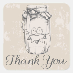 Pegatina Cuadrada Rustic Gracias Mason Jar Hearts Tan Boda