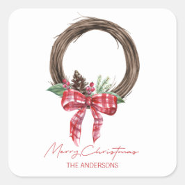 Pegatina Cuadrada Rustic Grapevine Wreath Feliz Navidad
