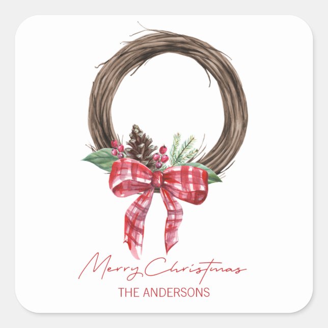 Pegatina Cuadrada Rustic Grapevine Wreath Feliz Navidad (Anverso)