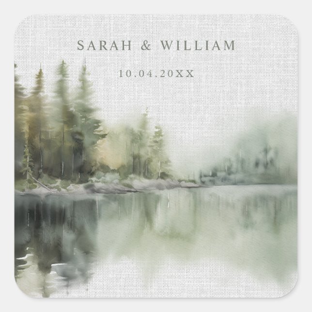 Pegatina Cuadrada Rustic green forest Wedding Sticker (Anverso)