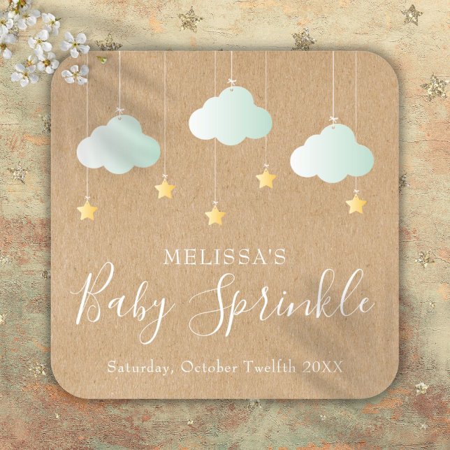 Pegatina Cuadrada Rustic Kraft Twinkle Sprinkle Baby Shower (Rustic Kraft Twinkle Sprinkle Baby Shower Square Sticker)