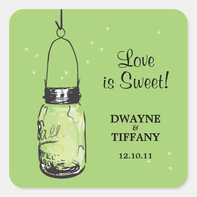 Pegatina Cuadrada Rustic Mason Jar y las luciérnagas (Anverso)