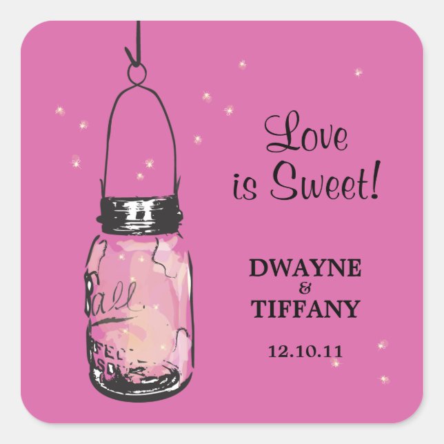 Pegatina Cuadrada Rustic Mason Jar y las luciérnagas (Anverso)