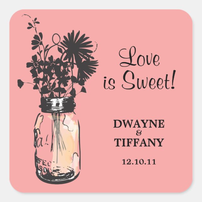 Pegatina Cuadrada Rustic Mason Jar y Wildflowers (Anverso)