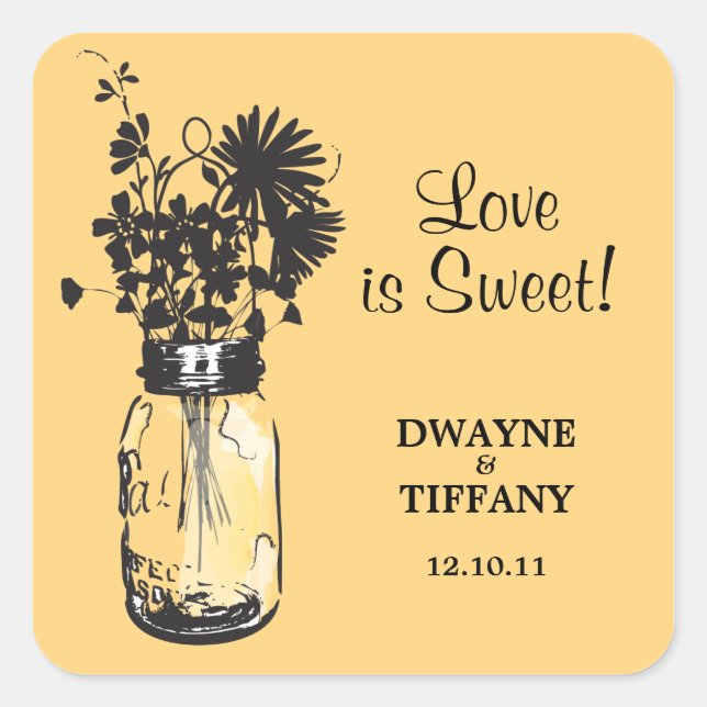 Pegatina Cuadrada Rustic Mason Jar y Wildflowers (Anverso)