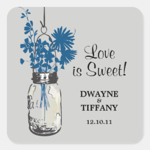 Pegatina Cuadrada Rustic Mason Jar y Wildflowers