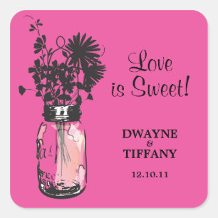 Pegatina Cuadrada Rustic Mason Jar y Wildflowers