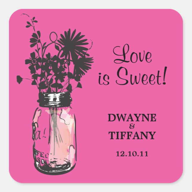 Pegatina Cuadrada Rustic Mason Jar y Wildflowers (Anverso)