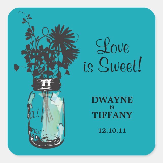 Pegatina Cuadrada Rustic Mason Jar y Wildflowers (Anverso)