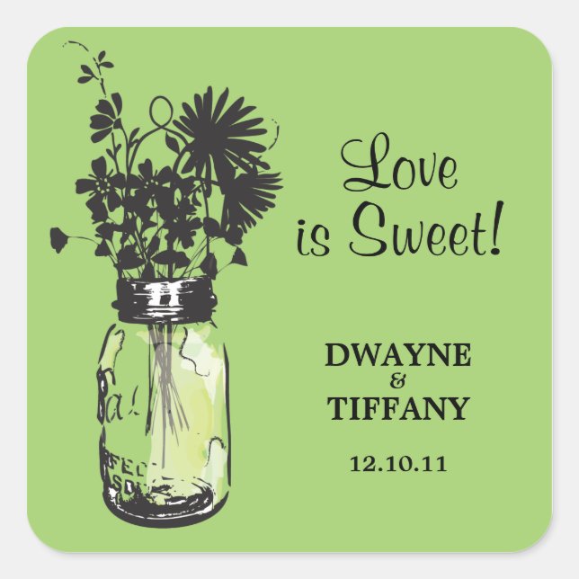 Pegatina Cuadrada Rustic Mason Jar y Wildflowers (Anverso)