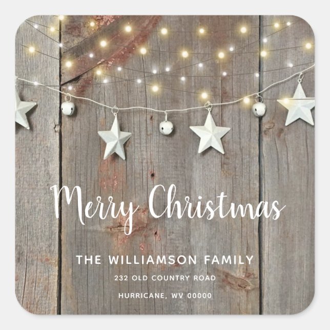 Pegatina Cuadrada Rustic Merry Christmas Barn Wood String Luces (Anverso)