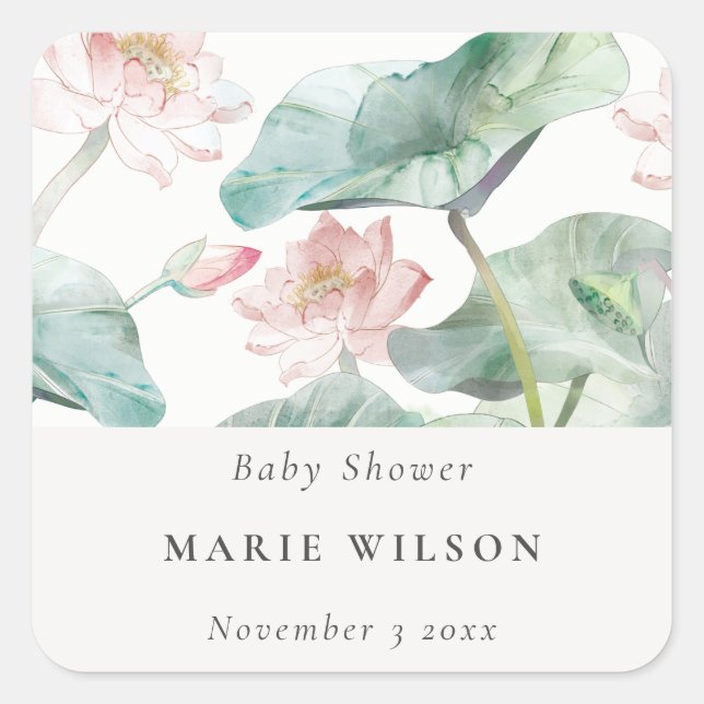 Pegatina Cuadrada Rustic Modern Pastel Rubor Waterlily Baby Shower (Anverso)
