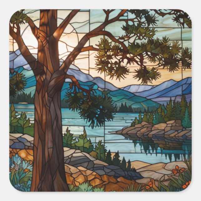 Pegatina Cuadrada Rustic mountain range landscape stain glass  (Anverso)