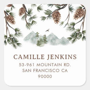 Pegatina Cuadrada Rustic Mountains Boy Baby Shower