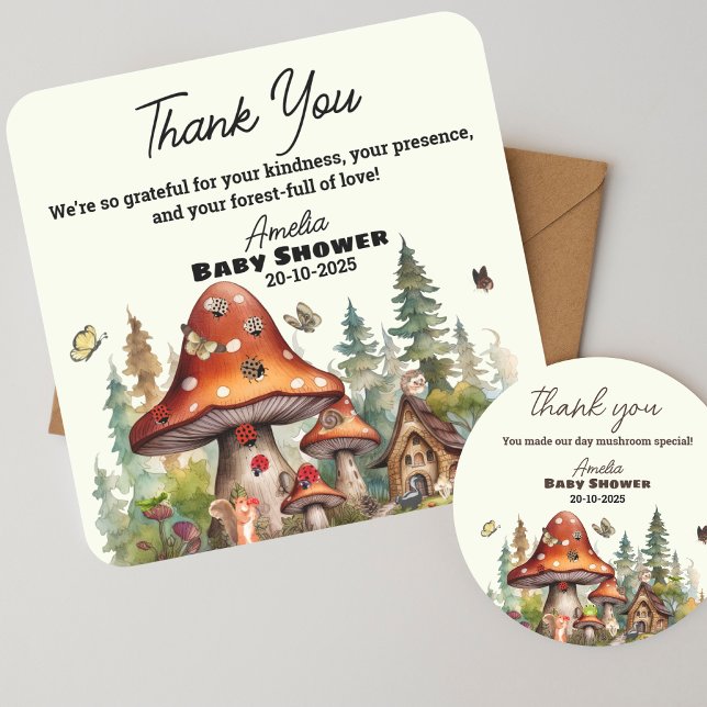 Pegatina Cuadrada Rustic Mushrooms Woodland Baby Shower Gracias (thank you mushroom baby shower label stickers)