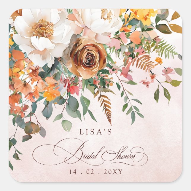 Pegatina Cuadrada Rustic Orange Floral Fall Bridal Shower  (Anverso)