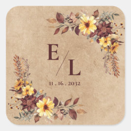 Pegatina Cuadrada Rustic Pretty Autumn Fall Floral Monogram Wedding