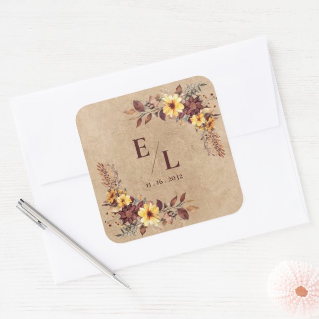 Pegatina Cuadrada Rustic Pretty Autumn Fall Floral Monogram Wedding (Sobre)