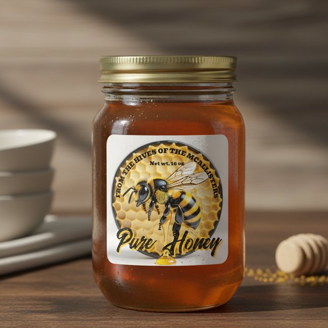 Pegatina Cuadrada Rustic Realistic Honey Bee & Honeycomb Apiary Jar (Subido por el creador)