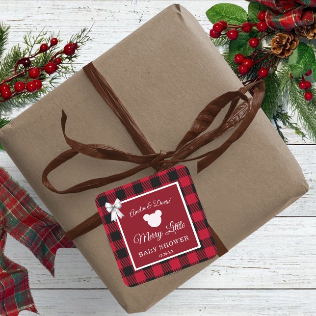Pegatina Cuadrada Rustic Red Plaid Merry Little Baby Shower (Subido por el creador)
