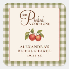 Pegatina Cuadrada Rustic Sage Green Gingham Apple Bridal Shower