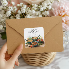 Pegatina Cuadrada Rustic Soup Cook-Off Potluck Party Watercolor