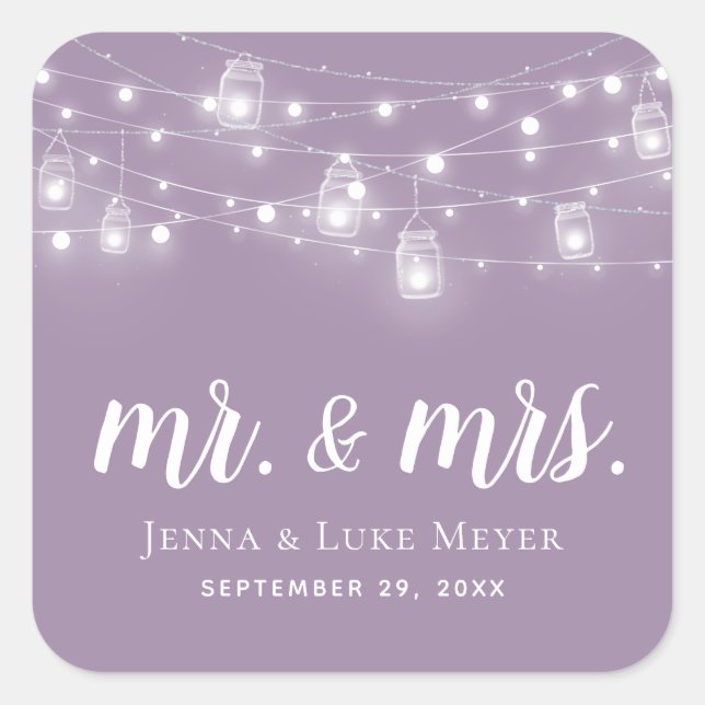 Pegatina Cuadrada Rustic String Lights Mr. and Mrs. Boda Monogram (Anverso)