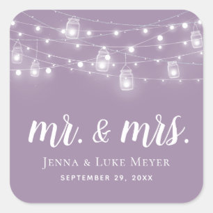 Pegatina Cuadrada Rustic String Lights Mr. and Mrs. Boda Monogram