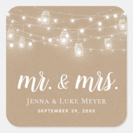 Pegatina Cuadrada Rustic String Lights Mr. and Mrs. Boda Monogram