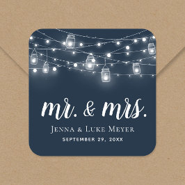 Pegatina Cuadrada Rustic String Lights Mr. and Mrs. Boda Monogram