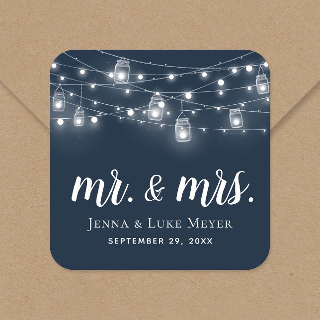 Pegatina Cuadrada Rustic String Lights Mr. and Mrs. Boda Monogram (Subido por el creador)