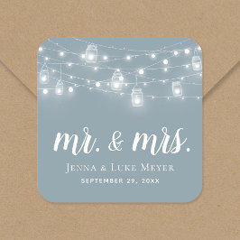 Pegatina Cuadrada Rustic String Lights Mr. and Mrs. Boda Monogram