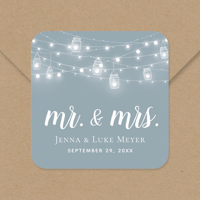 Pegatina Cuadrada Rustic String Lights Mr. and Mrs. Boda Monogram (Subido por el creador)