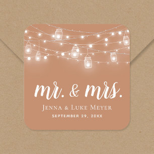 Pegatina Cuadrada Rustic String Lights Mr. and Mrs. Boda Monogram