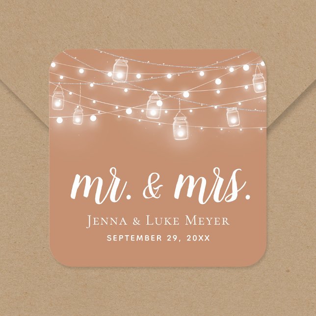 Pegatina Cuadrada Rustic String Lights Mr. and Mrs. Boda Monogram (Subido por el creador)